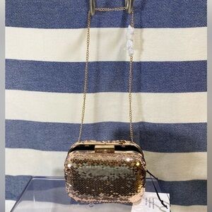 NWT reversable sequin clutch bronze/white with detachable chain